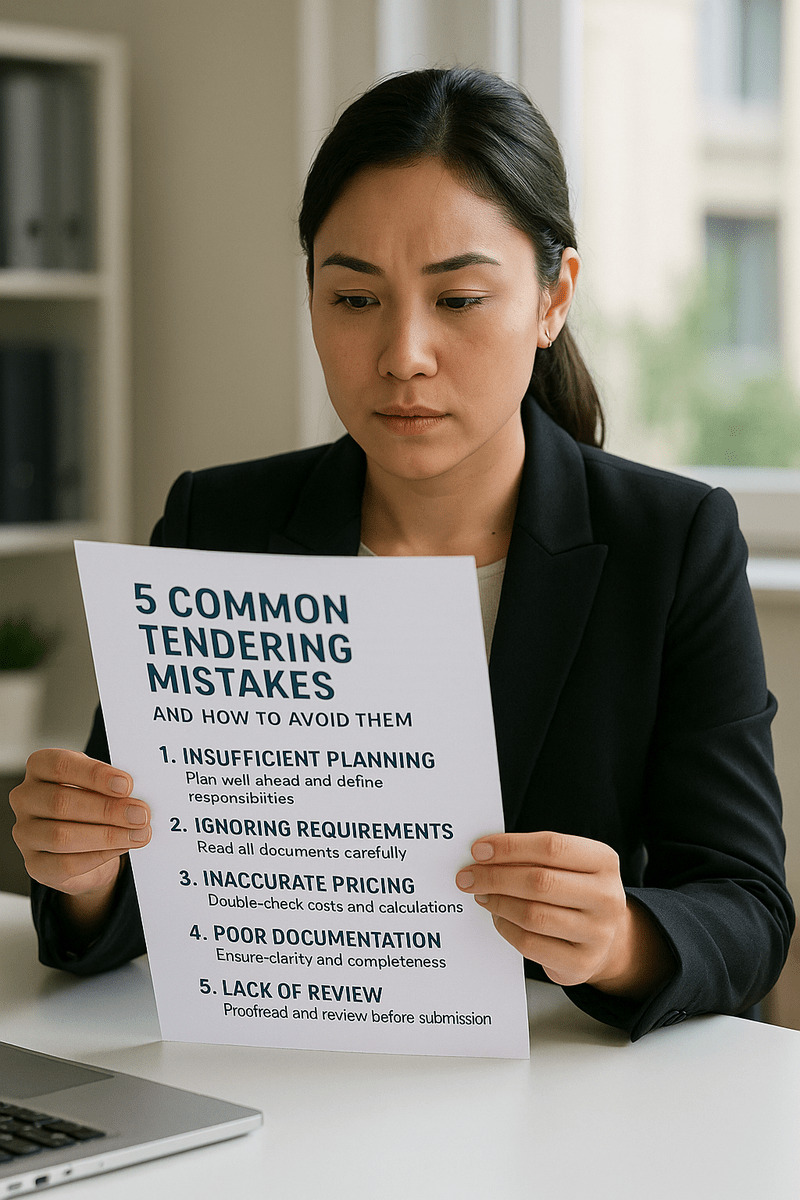 A focused businesswoman examines a printed guide outlining five common tendering mistakes and strategies to avoid them.