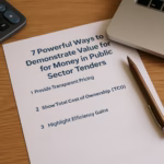 Value for money in Public sector tender strategy document with laptop, pen, and calculator on desk.
