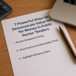Value for money in Public sector tender strategy document with laptop, pen, and calculator on desk.