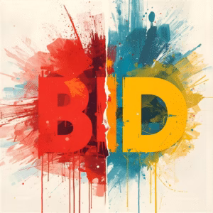 Abstract art illustrating the concept of failed bids, showing bold splashes of red, blue, and yellow paint symbolising rejection and renewal in the tendering process.
