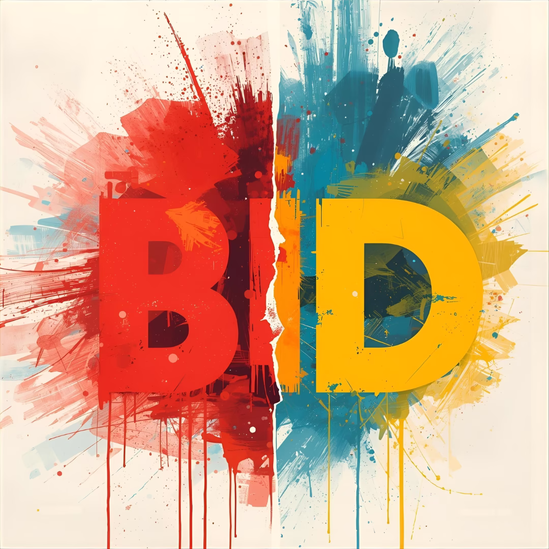 Abstract art illustrating the concept of failed bids, showing bold splashes of red, blue, and yellow paint symbolising rejection and renewal in the tendering process.