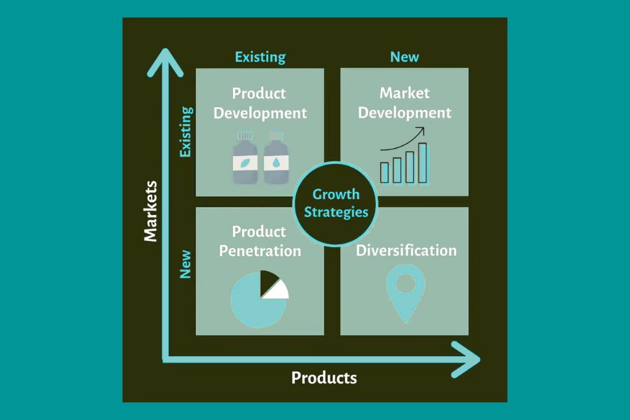 Growth strategy matrix showing four approaches: product development, market development, product penetration and diversification, plotted across existing and new markets and products