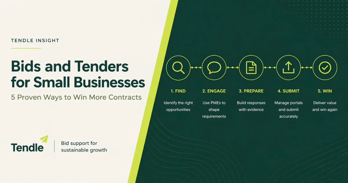 bids and tenders for small businesses process workflow showing find engage prepare submit win stages