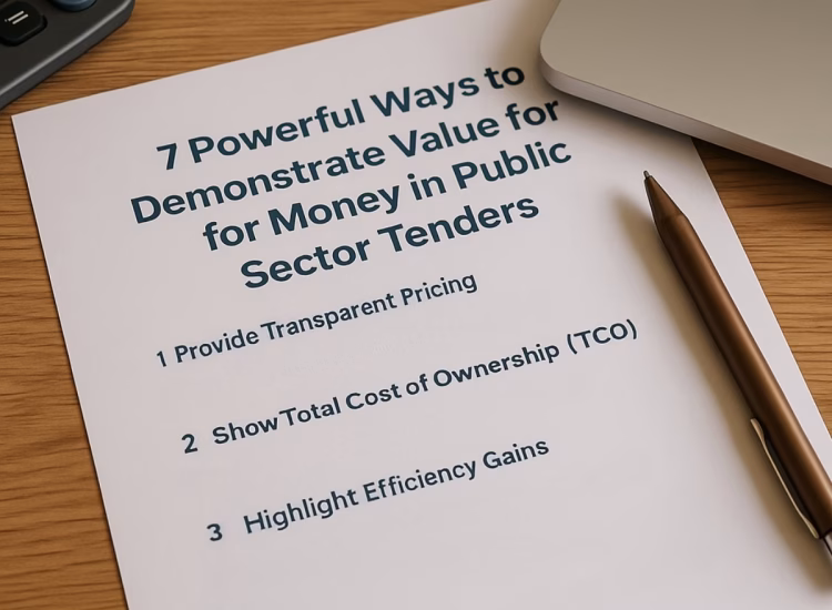Home 3 Value for money in Public sector tender strategy document with laptop, pen, and calculator on desk.