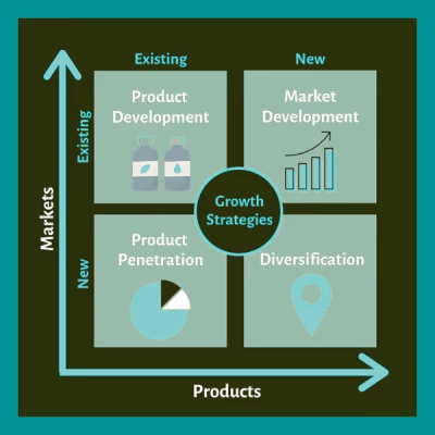 Growth strategy matrix showing four approaches: product development, market development, product penetration and diversification, plotted across existing and new markets and products