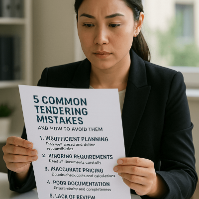 A focused businesswoman examines a printed guide outlining five common tendering mistakes and strategies to avoid them.