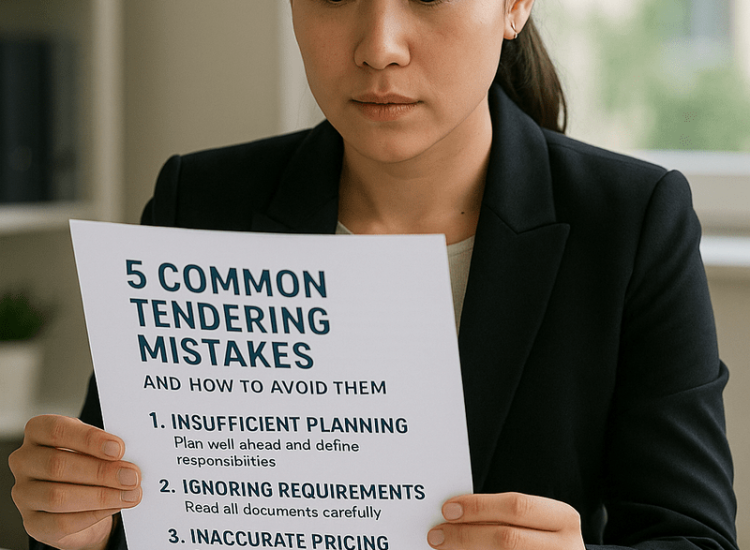 A focused businesswoman examines a printed guide outlining five common tendering mistakes and strategies to avoid them.